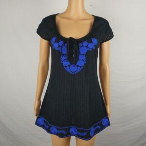 Free People Cap Sleeve Tunic Embroidered Scoop Neck Blouse Black Shadow Stripe 2